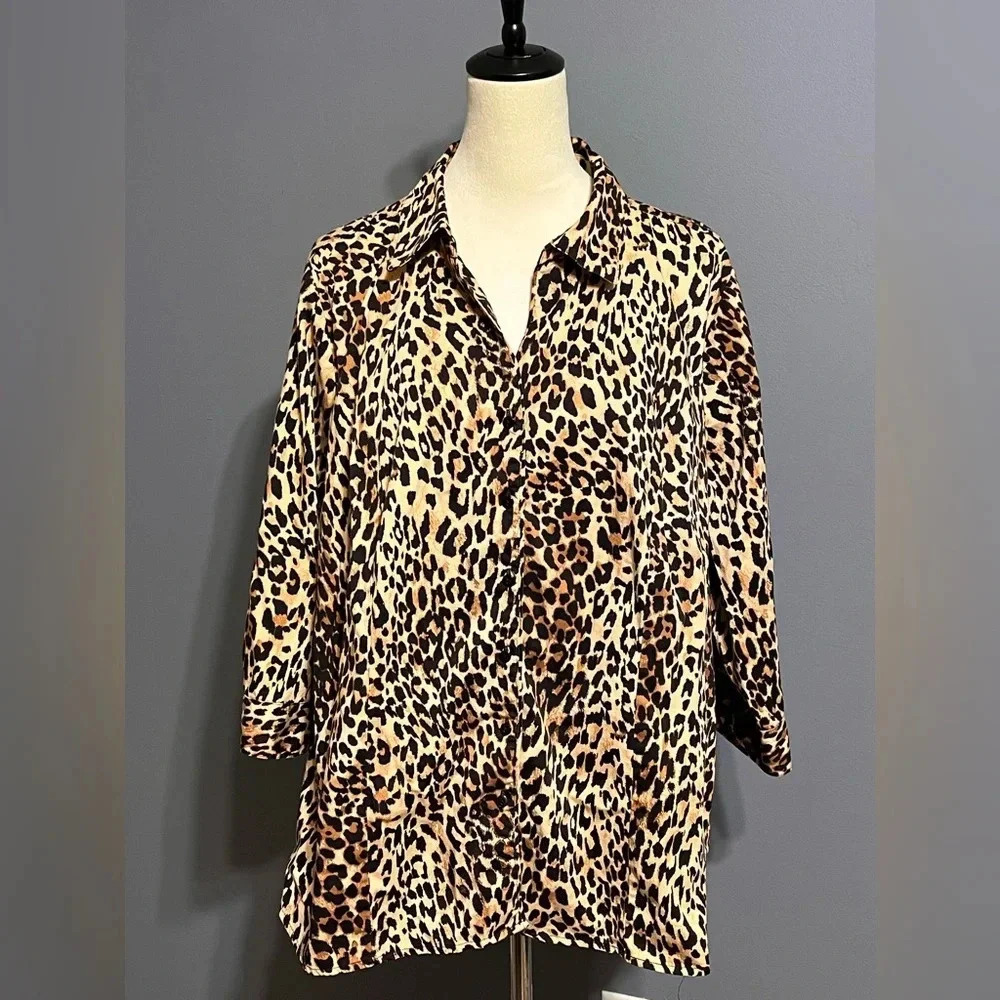 Lane Bryant leopard print button front long sleeve top size 24W